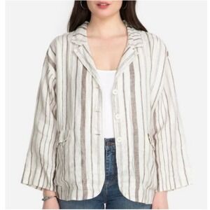 Johnny Was Zona Ivory/Taupe Stripe Linen Oversized Blazer Jacket Womens XL Relax